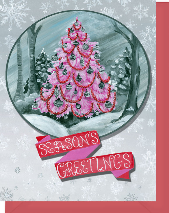 Pink Christmas Tree with Red & Gray Greeting Card - Warm Holiday Wishes