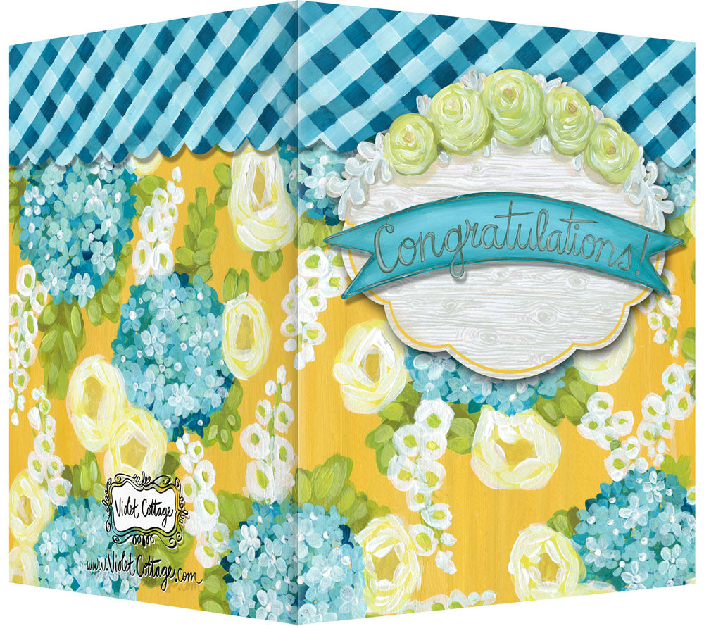 Congratulations! Greeting Card - Blank Inside - Yellow & Turquoise Flowers