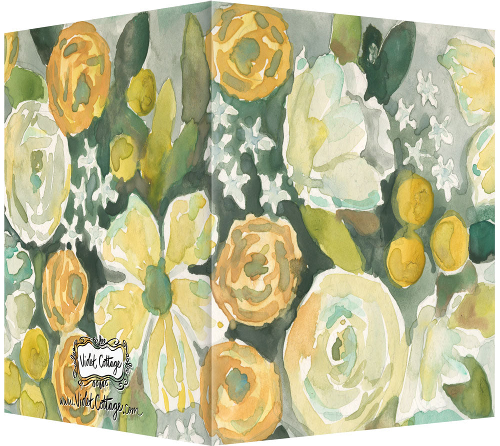Watercolor White & Yellow Roses with Green - Blank Notecard