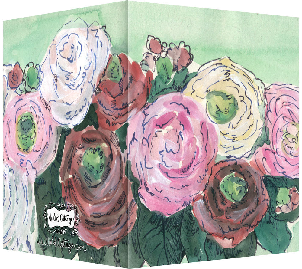 Watercolor Pink, Red & Yellow Roses - Blank Notecard
