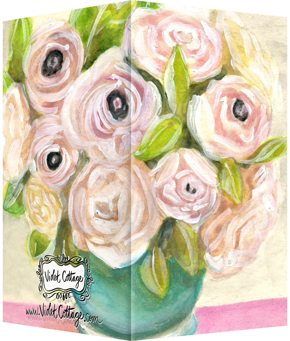 Small Enclosure Card - Pink Flowers in Turquoise Vase