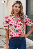 Spring Floral Frilled V Neck Puff Short Sleeve Blouse|S-4X: Pink / XL