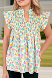 Abstract Printed Shirred Ruffled V Neck Blouse (S-XL): Blue / Missy / L