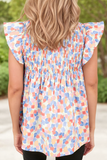 Abstract Printed Shirred Ruffled V Neck Blouse (S-XL): Blue / Missy / L