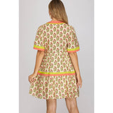 WOVEN PRINT MINI DRESS: PINK / L