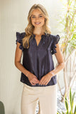 35945 Smock and Ruffle Detail Metallic Woven Top: Navy / M