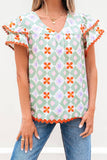 Geometric Floral Print Layered Ric Rac Trim Blouse | S-XL: As shown / Missy / L