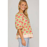 WOVEN PRINT TOP: PINK / L