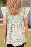 Abstract Printed Shirred Ruffled V Neck Blouse (S-XL): Blue / Missy / XL