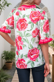 Floral Frilled V Neck Short Sleeve Blouse Top (S-XL): Pink / Missy / S