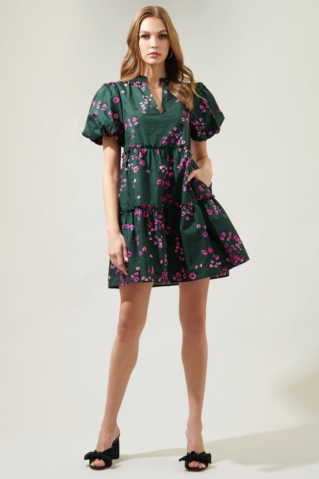 Anissa Floral Jeanne Bubble Sleeve Babydoll Dress Dark Green Pink 1402 Violet Cottage Anissa Floral Jeanne Bubble Sleeve Babydoll Dress Dark Green Pink 1402 Violet Cottage