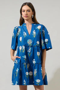 Madison Floral Dixie Split Neck Shift Dress Blue 14031