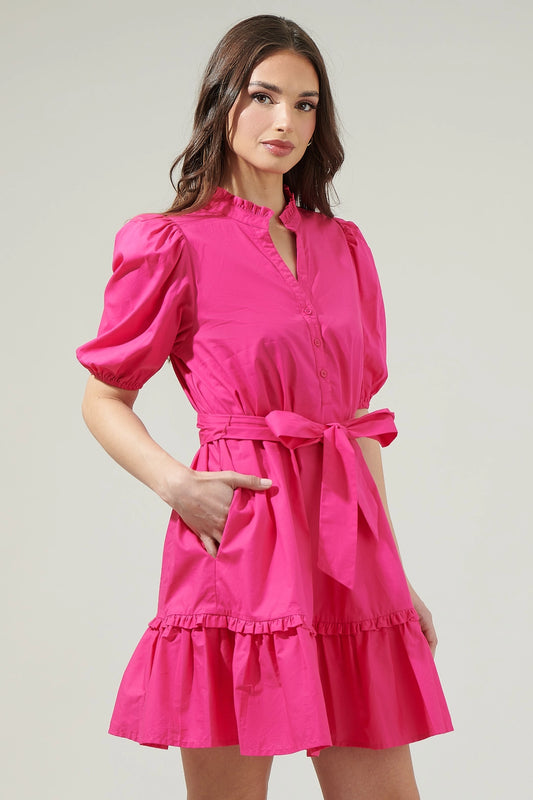 Sasha Split Neck Shift Mini Dress Bright Fuchsia 14152A