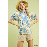 NEW Abstract Print V-Neck Top : CORAL MIX / S