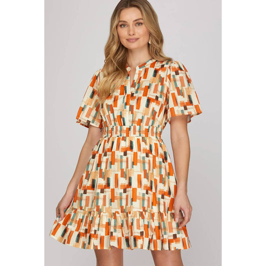 Retro Alice Geometric Print Elastic Waist Dress in Orange