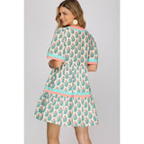 WOVEN PRINT MINI DRESS: PINK / M