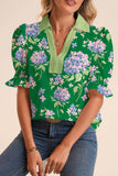 LDC Collared V Neck Ruffled Short Sleeve Floral Blouse: Green / XL