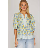 WOVEN PRINT TOP: BLUE / S