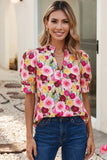 Spring Floral Frilled V Neck Puff Short Sleeve Blouse|S-4X: Pink / L
