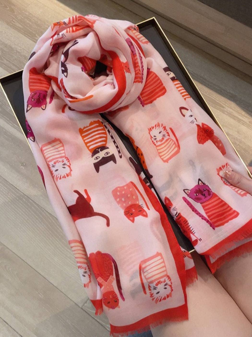 Scarvii - Playful Cat Print Scarf: Red