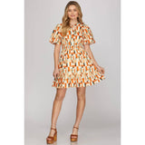 WOVEN PRINT MINI DRESS: PINK / M