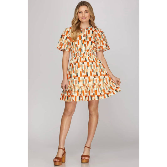 Retro Geometric Print Alice Dress in Blue, Pink or Orange