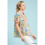 NEW Abstract Print V-Neck Top : CORAL MIX / S