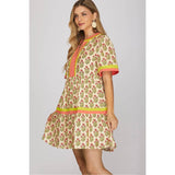 WOVEN PRINT MINI DRESS: PINK / M