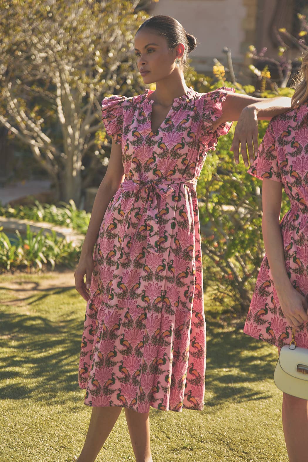 Sita Ruffle Midi Dress Peacock Bay in PInk/Green