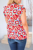 Plus Size Floral Print Ruffle Trim Split Neck Peplum Top: Red / Plus Size / 1X