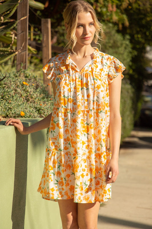 Pleated Tiered Orange Floral Dress 32442