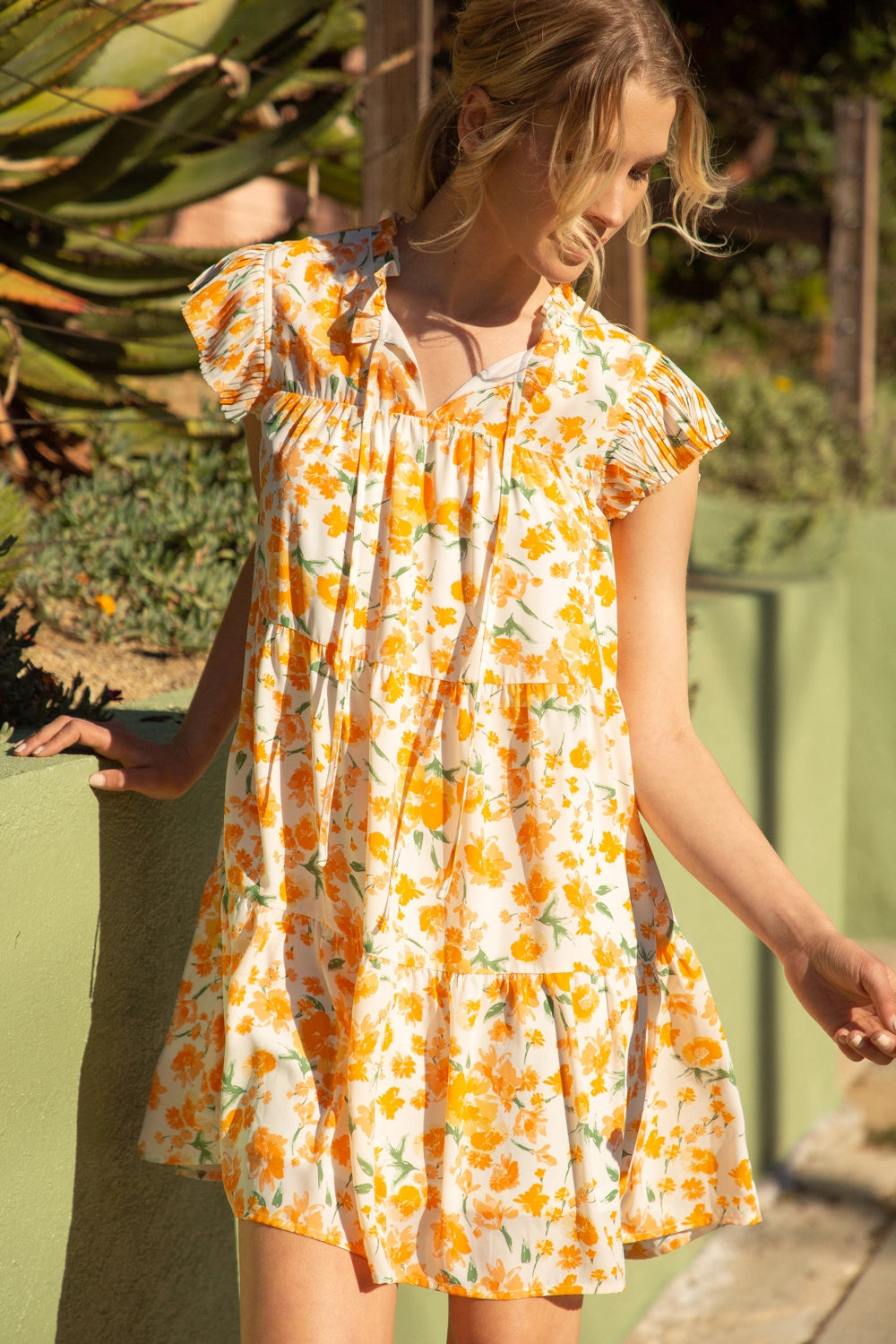 Pleated Tiered Orange Floral Dress 32442