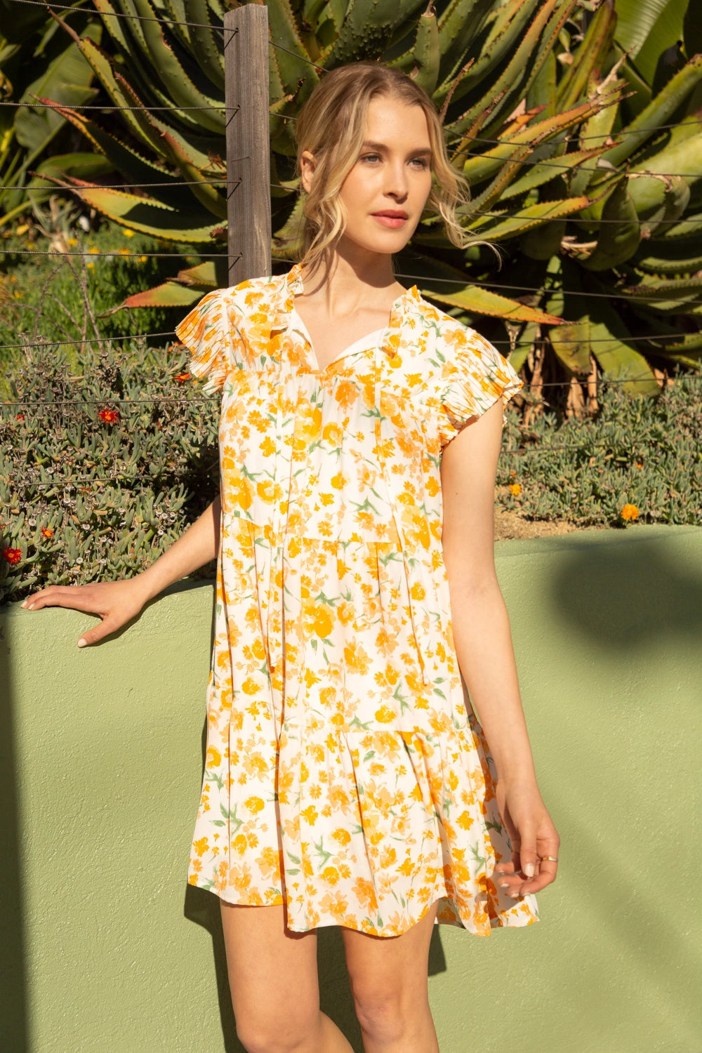 Pleated Tiered Orange Floral Dress 32442