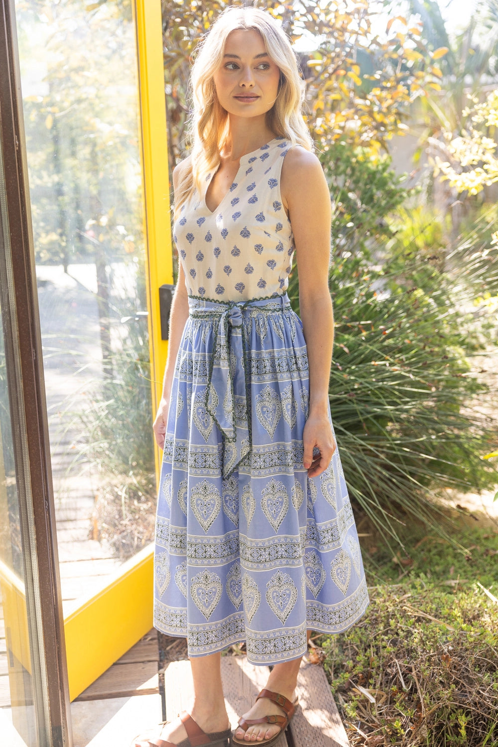 Mixed Print Waist Tie Sleeveless Midi Dress Slate Blue 35205