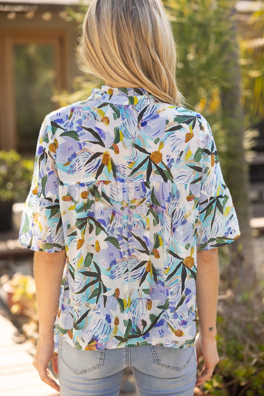 V Neckline Tie Front Blue Floral Print Top 35247