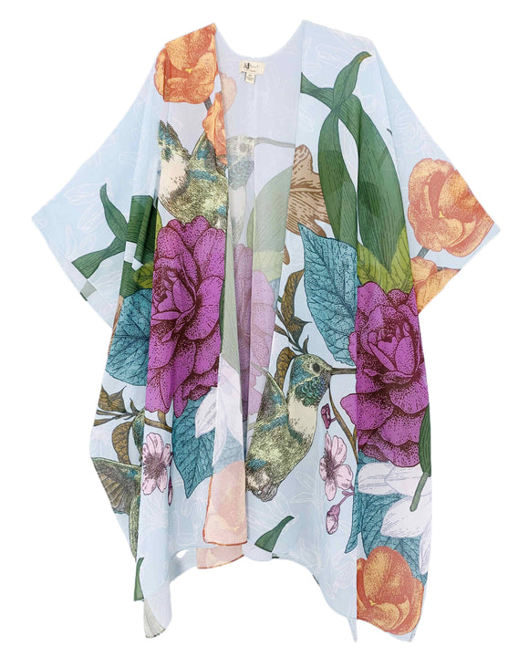JC070965 Blue-Purple Floral Hummingbird Chiffon Kimono