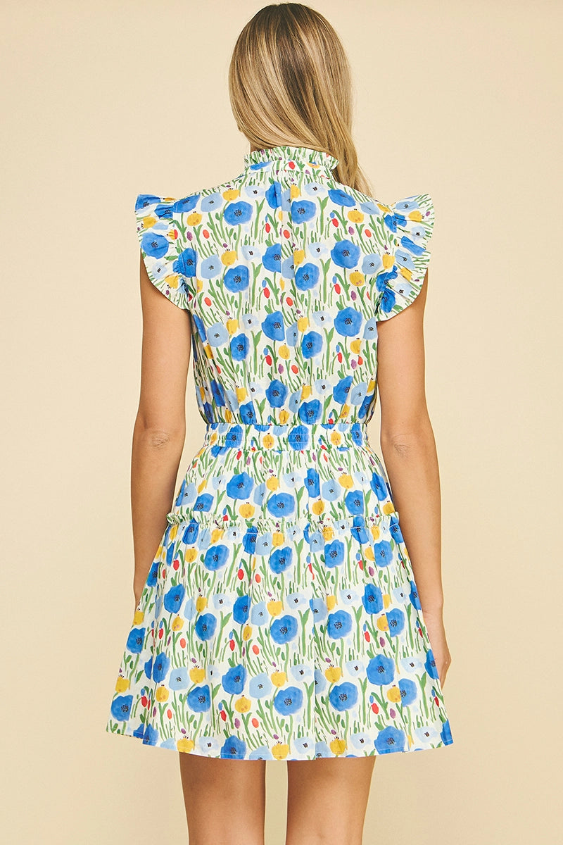 Floral Tiered Mini Dress Blue Flowers 100% Cotton 3867DI