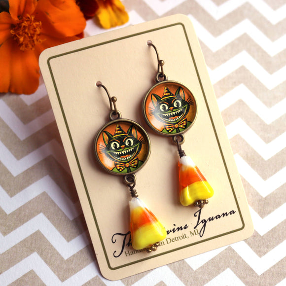 Crazy Cat Retro Halloween Candy Corn Earrings