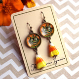 Crazy Cat Retro Halloween Candy Corn Earrings