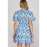 WOVEN PRINT MINI DRESS: BLUE / S