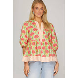 WOVEN PRINT TOP: PINK / S