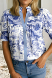 LDC Wild Animal Paradise Striped Detail V Neck Blouse: Blue / XL