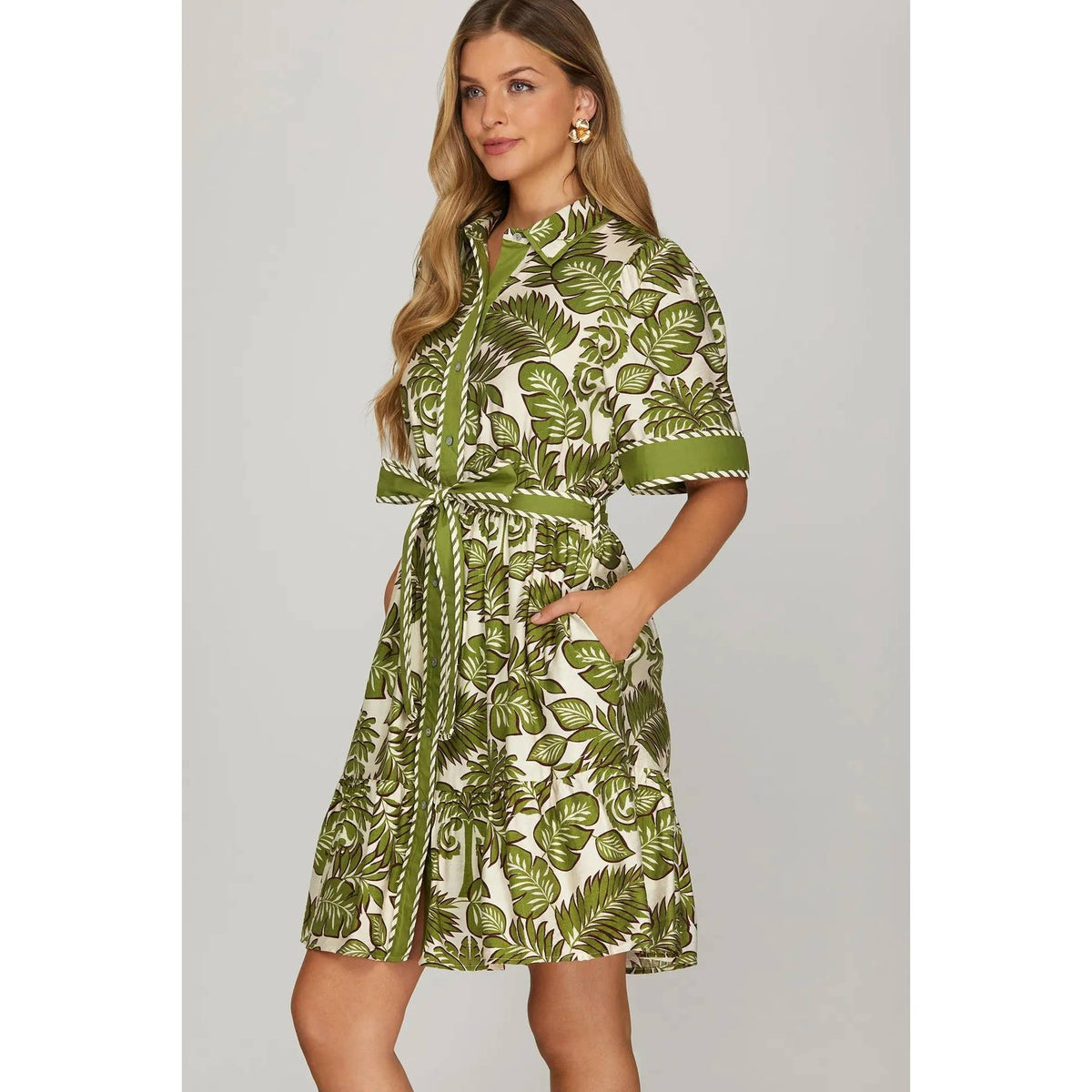 Button Down Flora Green Palm Dress with Waist Tie