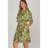 WOVEN PRINT MINI DRESS : GREEN / S
