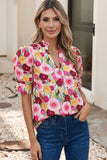 Spring Floral Frilled V Neck Puff Short Sleeve Blouse|S-4X: Pink / Plus-1X