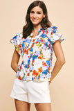 Fun Bright Floral Flutter Sleeve Ruffle Blouse 100% Cotton 4631TA