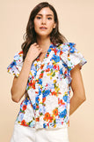 Fun Bright Floral Flutter Sleeve Ruffle Blouse 100% Cotton 4631TA