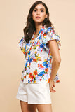Fun Bright Floral Flutter Sleeve Ruffle Blouse 100% Cotton 4631TA