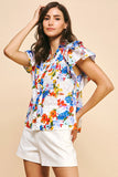 Fun Bright Floral Flutter Sleeve Ruffle Blouse 100% Cotton 4631TA