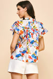 Fun Bright Floral Flutter Sleeve Ruffle Blouse 100% Cotton 4631TA